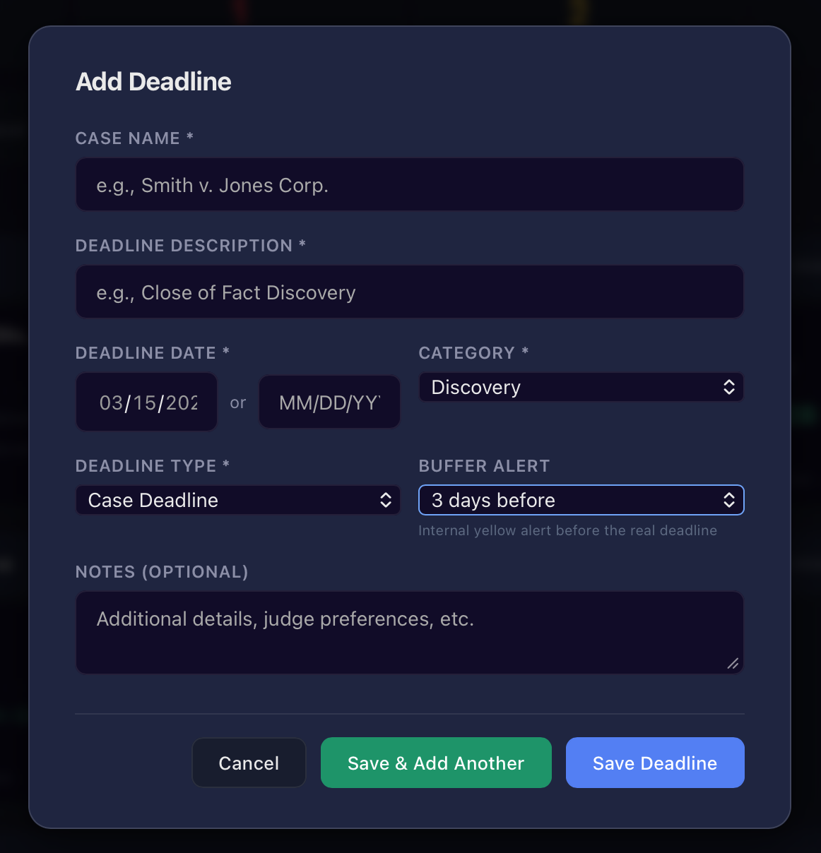 Add Deadline modal form with case name, date, category, and buffer alert fields