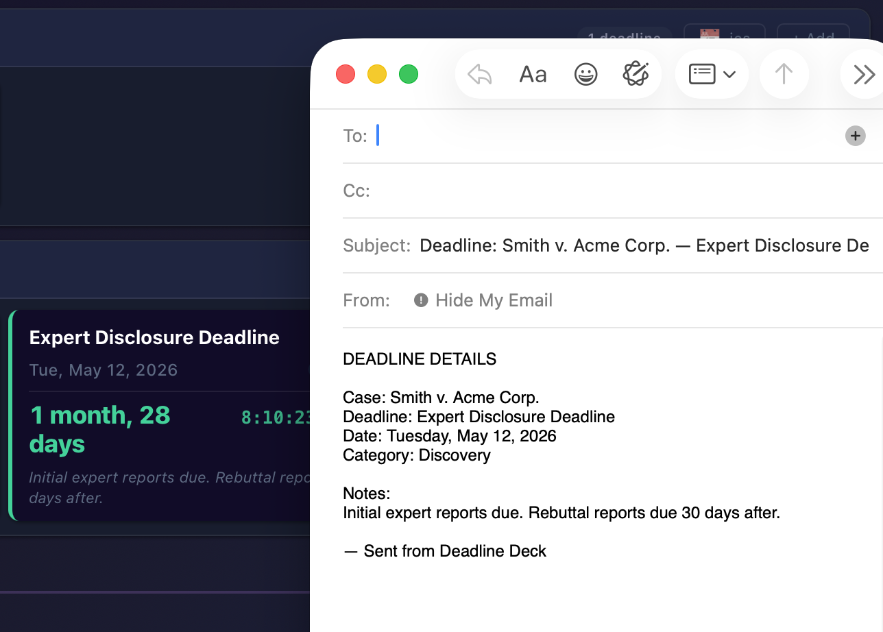 Email sharing a deadline to a colleague with pre-filled details